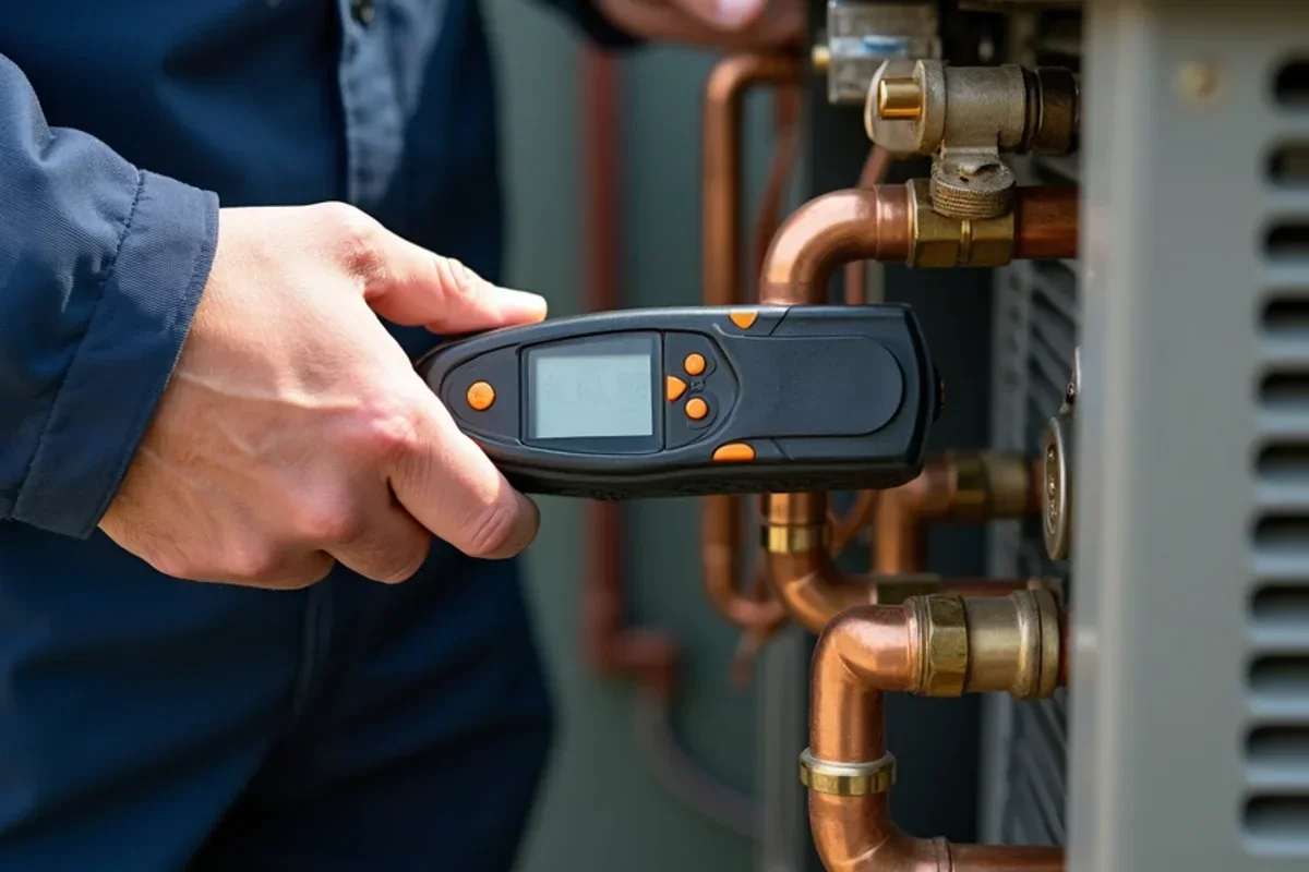 Using electronic refrigerant leak detector probe along copper flare fittings and service valves