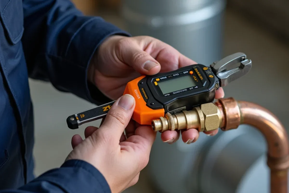 Using digital torque wrench to precisely tighten brass flare nut on mini-split refrigerant lines