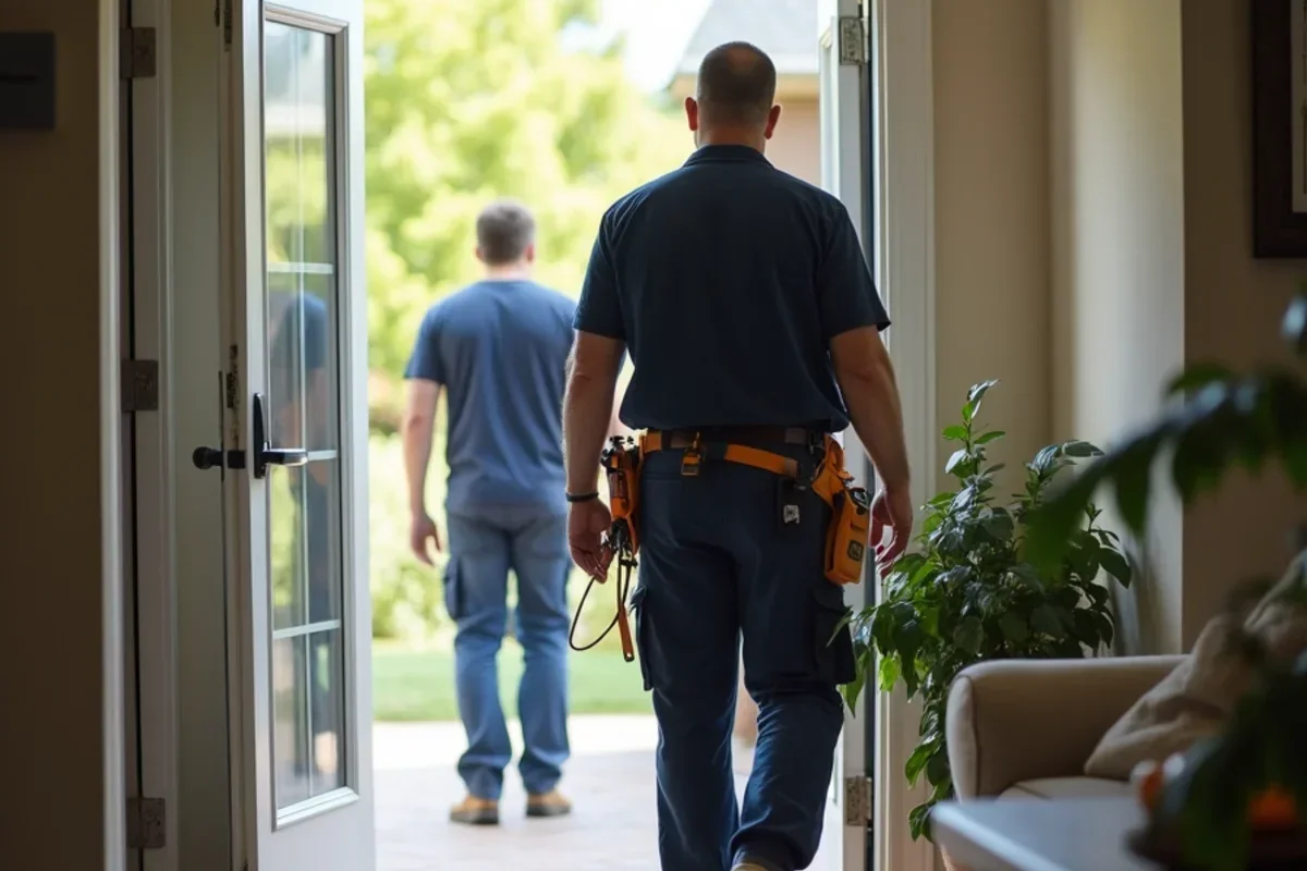 Family evacuating home into fresh outdoor air with coats following carbon monoxide alert