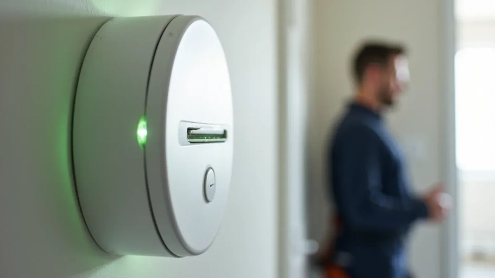 Modern residential carbon monoxide alarm mounted on hallway wall with digital safety readout