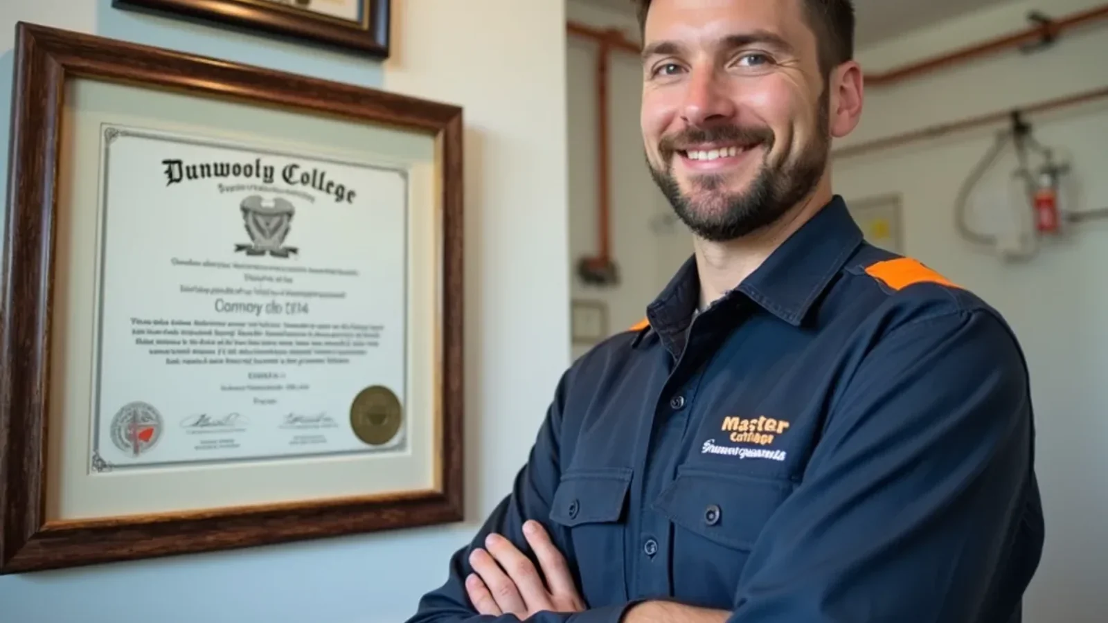 Mechanical contractor trade license certificates and Dunwoody College credentials displayed