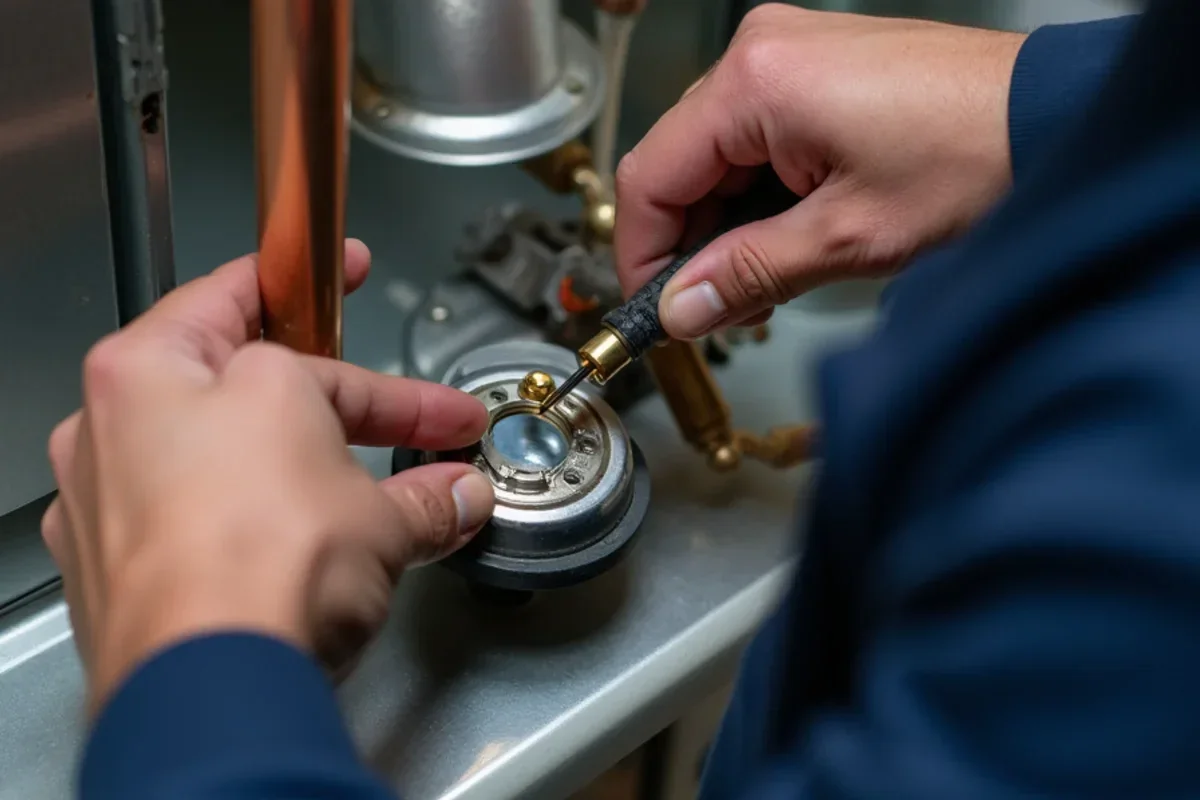 Technician inspecting electronic spark ignition gap and ground wire on gas burner