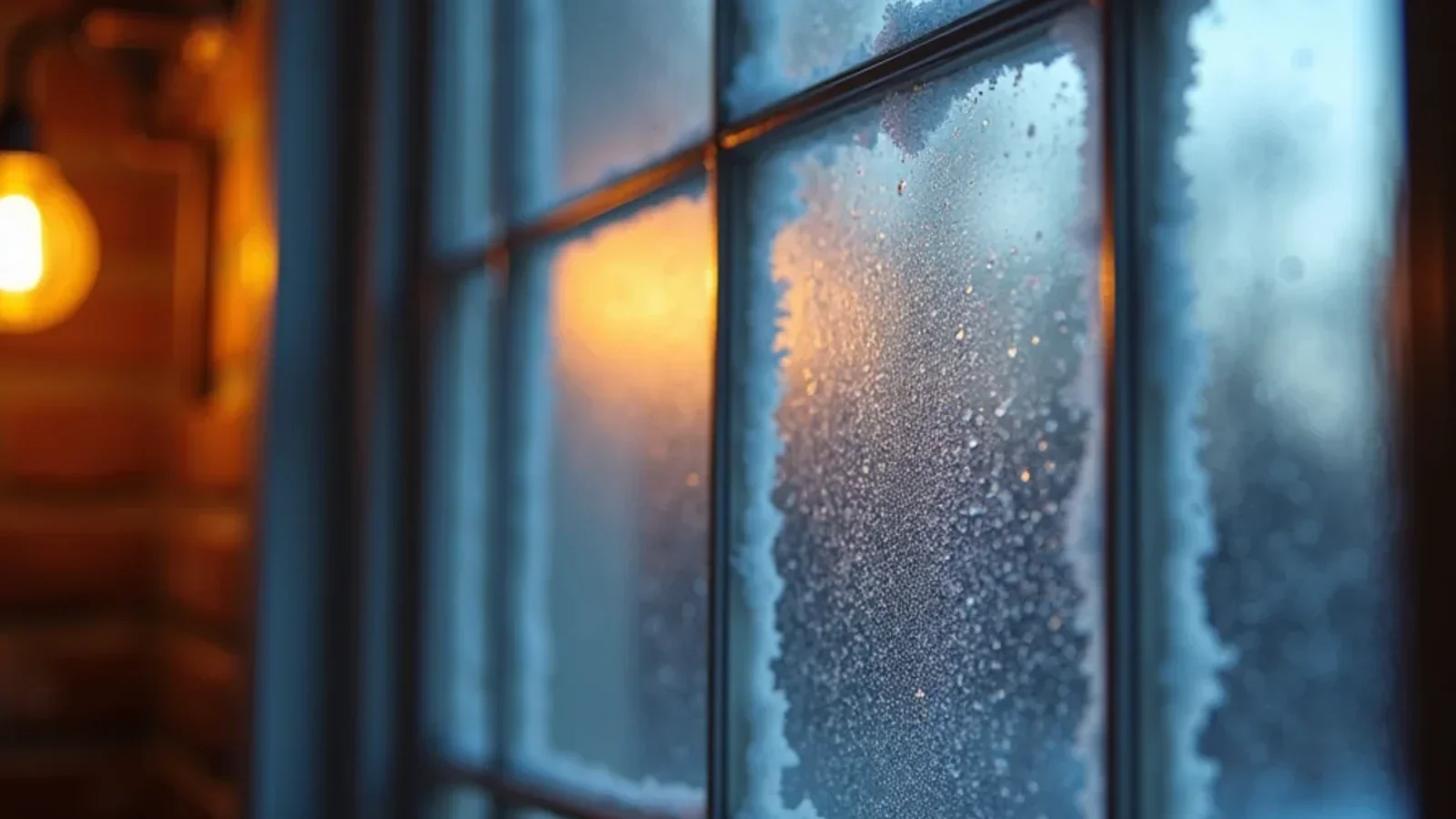 Frost-covered window pane with glowing warm residential furnace in background interior