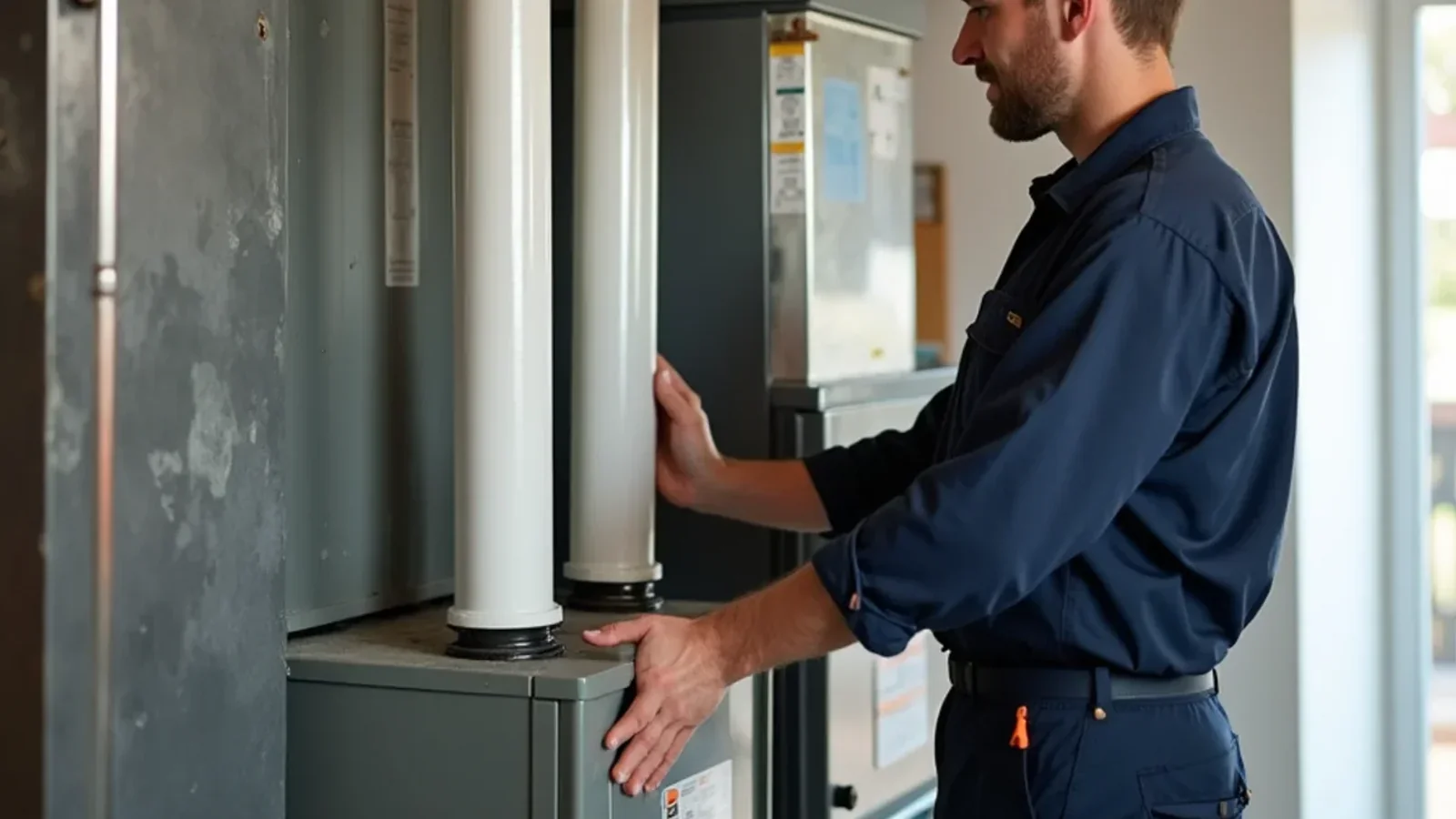 Comparison of older 80 percent draft-hood furnace next to modern 96 percent condensing unit