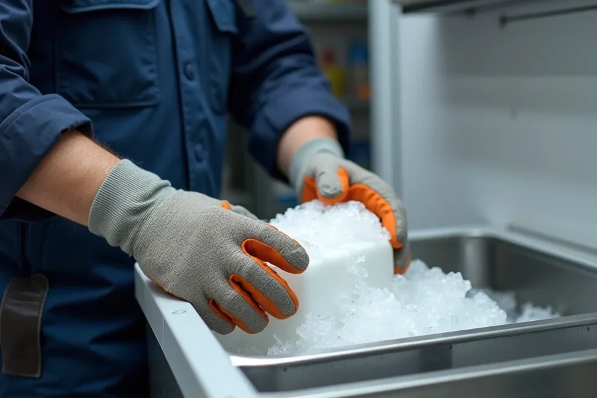 Kitchen staff placing dry ice blocks into commercial cooler to maintain food safety temperature