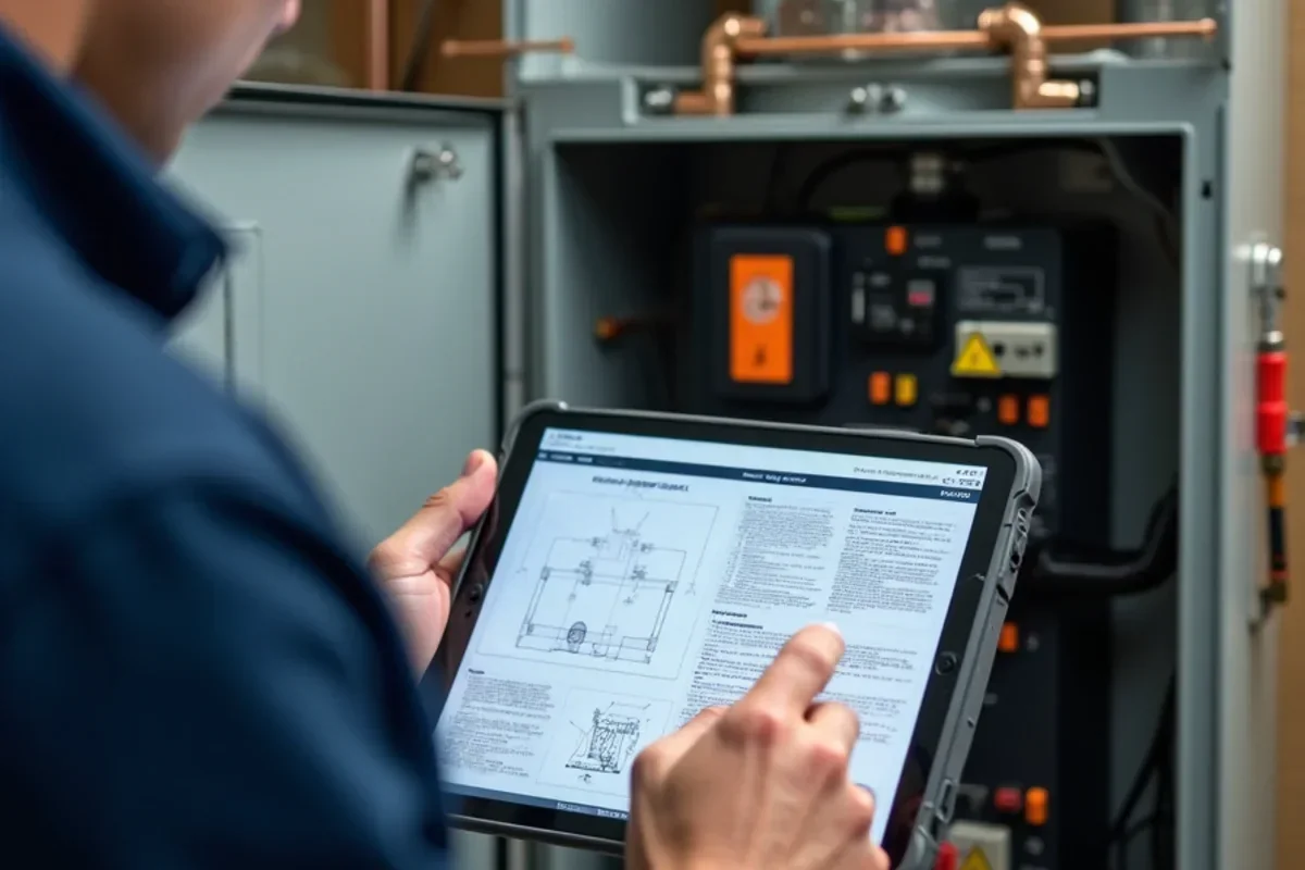HVAC technician reviewing digital equipment schematic and wiring diagrams on tablet