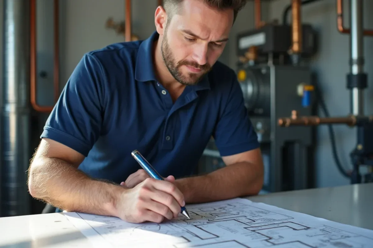 Mechanical contractor studying piping and instrumentation diagram for commercial cooling system