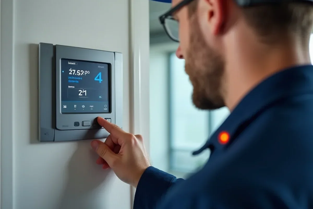 Modern digital commercial programmable building automation thermostat on office wall