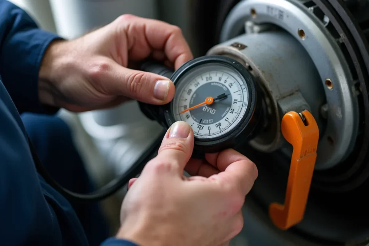 Checking V-belt tension and pulley alignment on commercial air handler blower motor