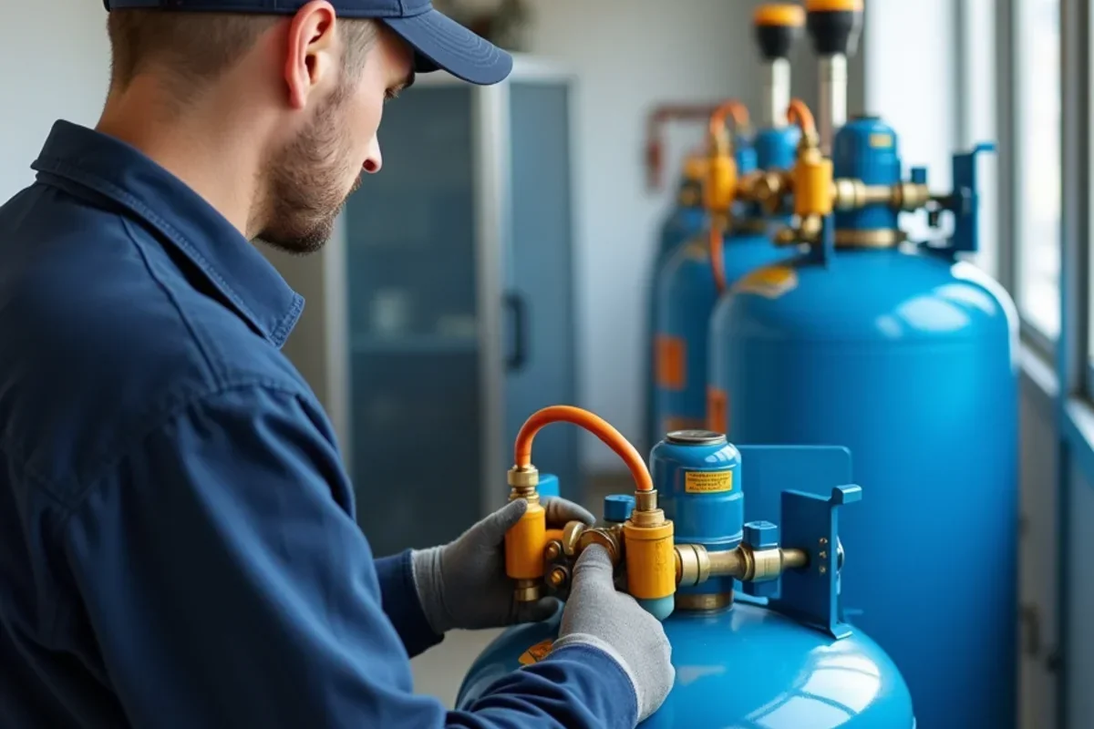 EPA-certified refrigerant recovery machine and DOT recovery cylinder connected to cooling system