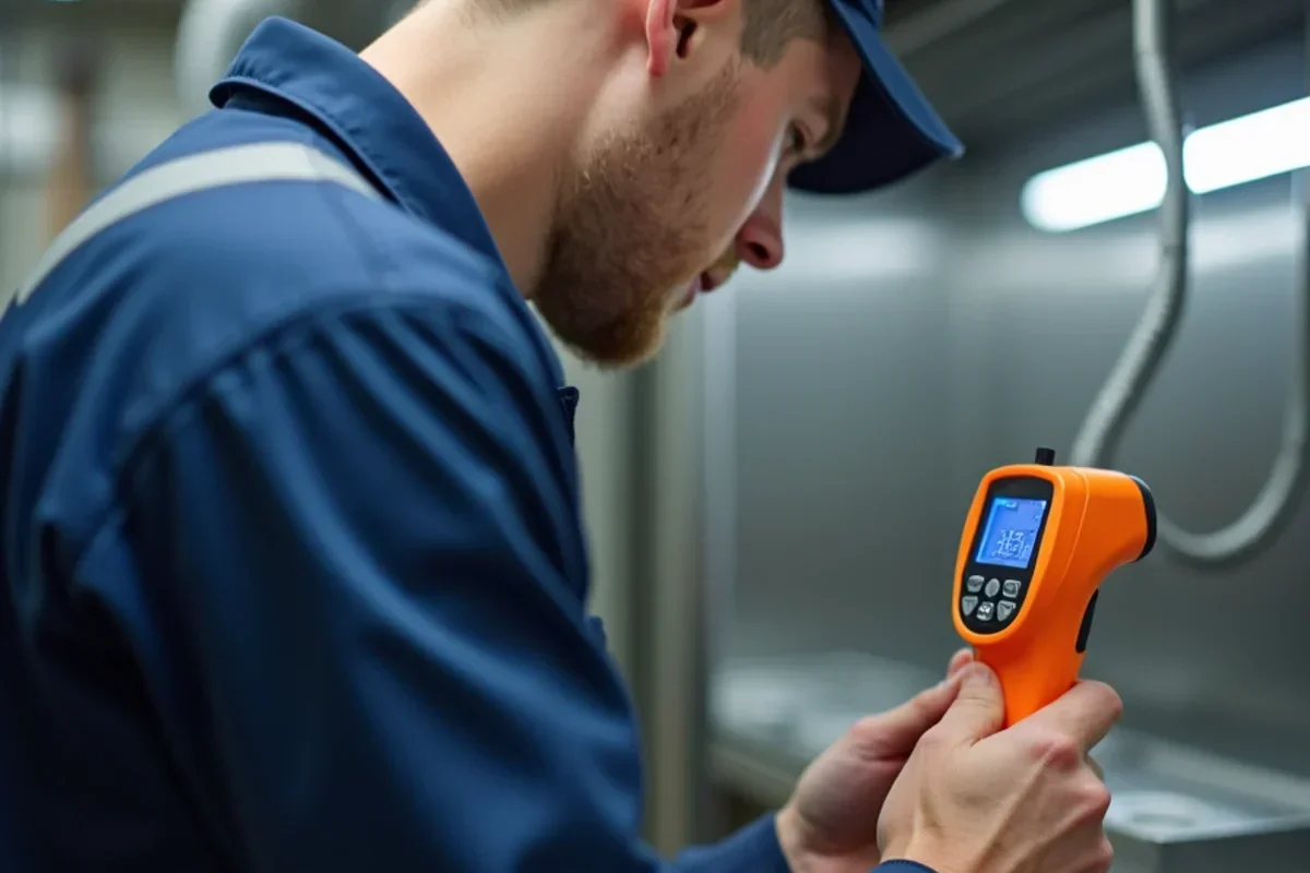 Digital food safety probe thermometer verifying 36 degree storage temperature in commercial cooler
