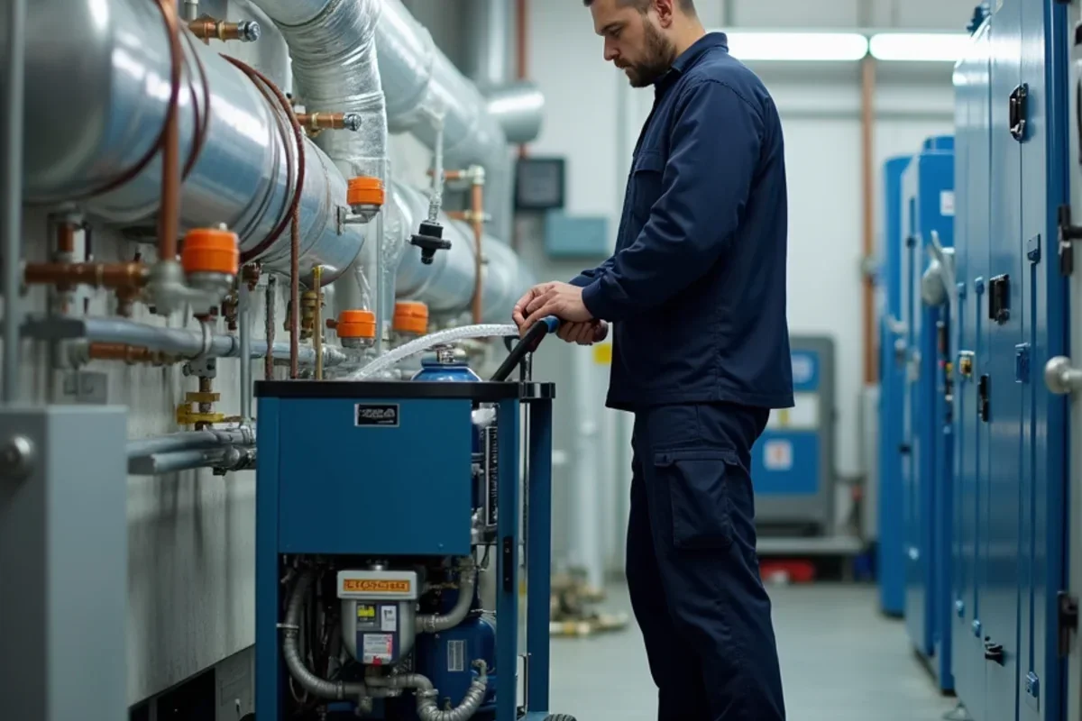 Technician connecting flush and purge cart hoses to ground loop manifold to purge air