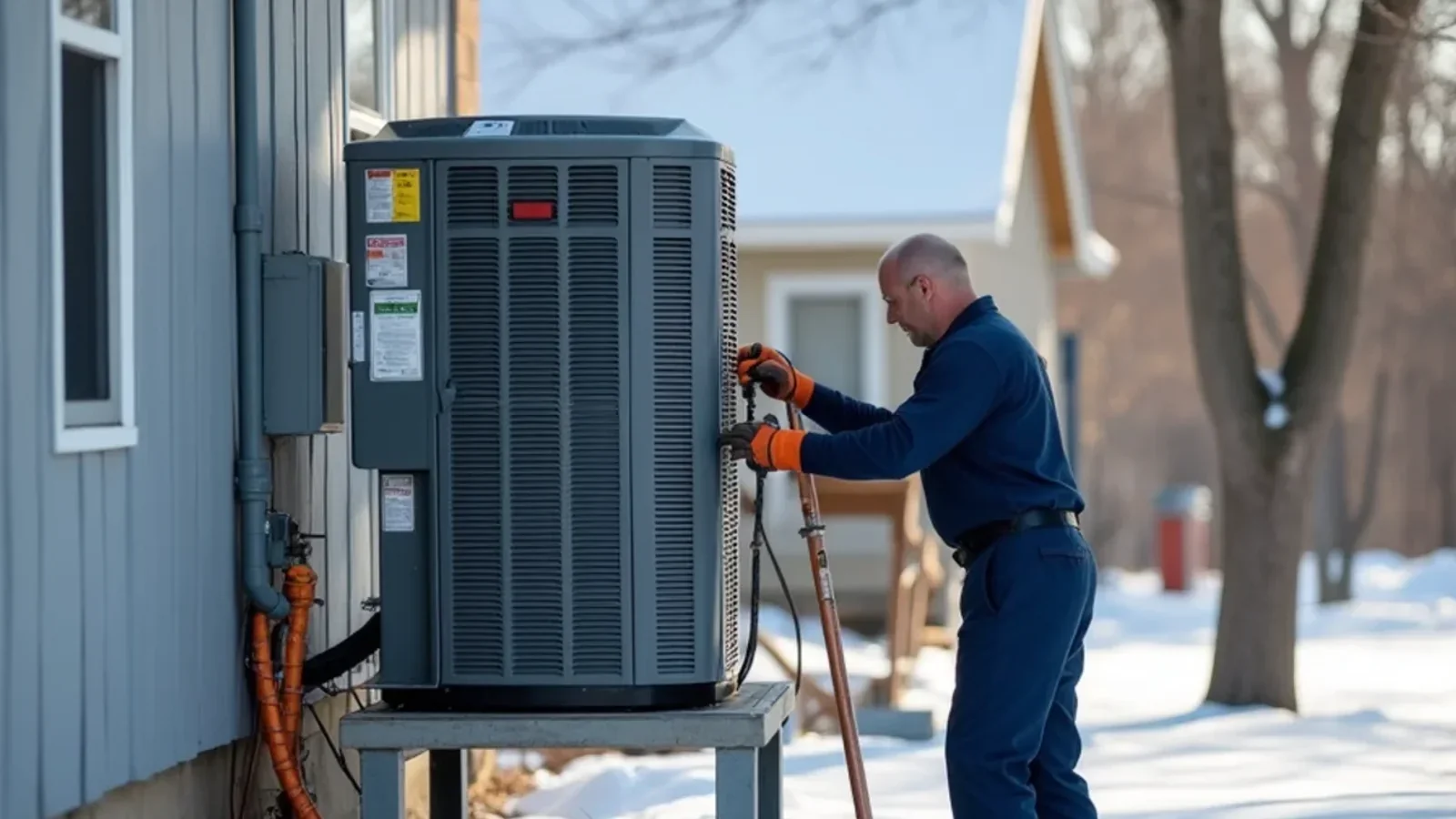 Cold-climate air-source heat pump outdoor unit operating in winter with light snow on ground