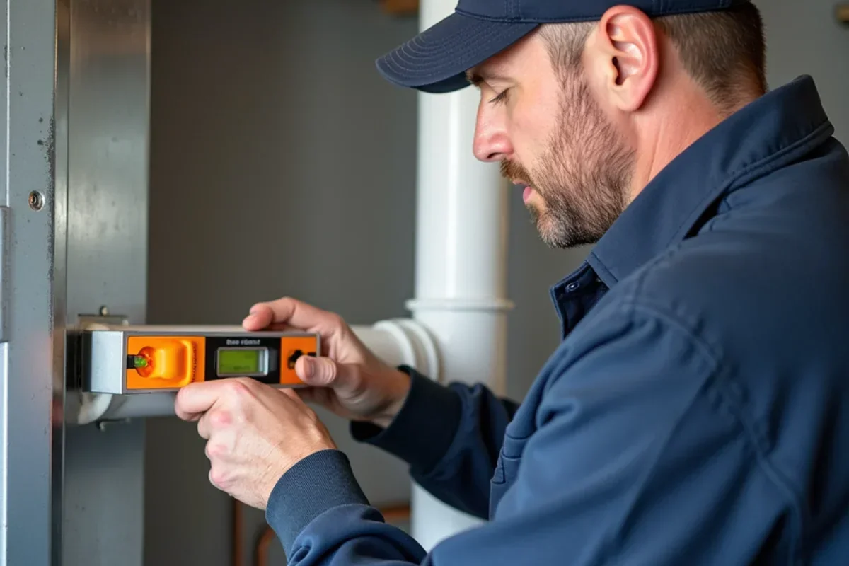 Verifying pitch and slope on PVC furnace flue pipe with torpedo spirit level