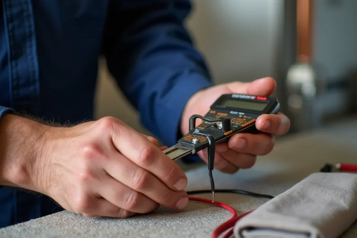 Testing hot surface igniter electrical resistance with multimeter during emergency repair