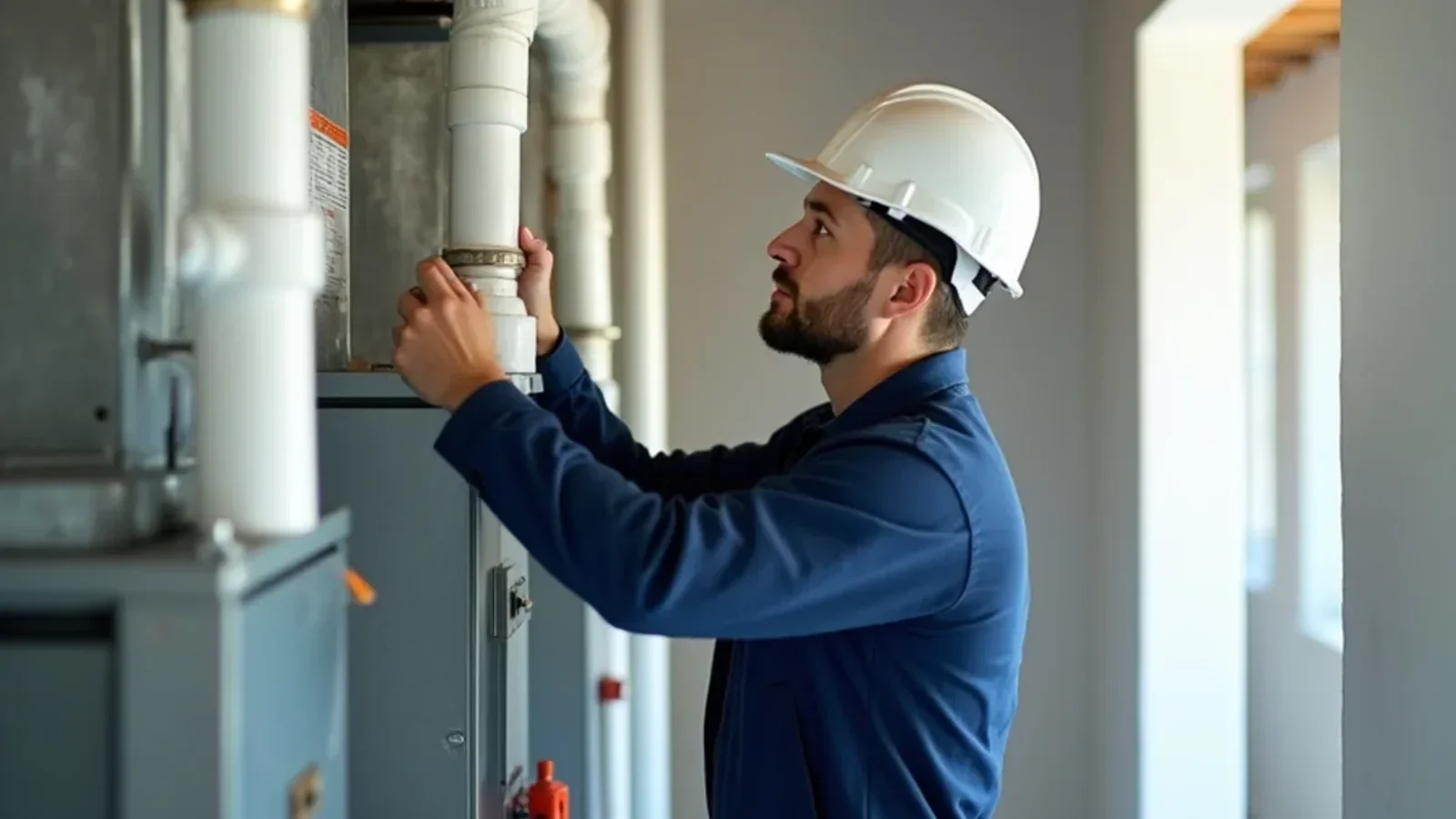 High-efficiency condensing gas furnace installation in clean Minnesota utility room