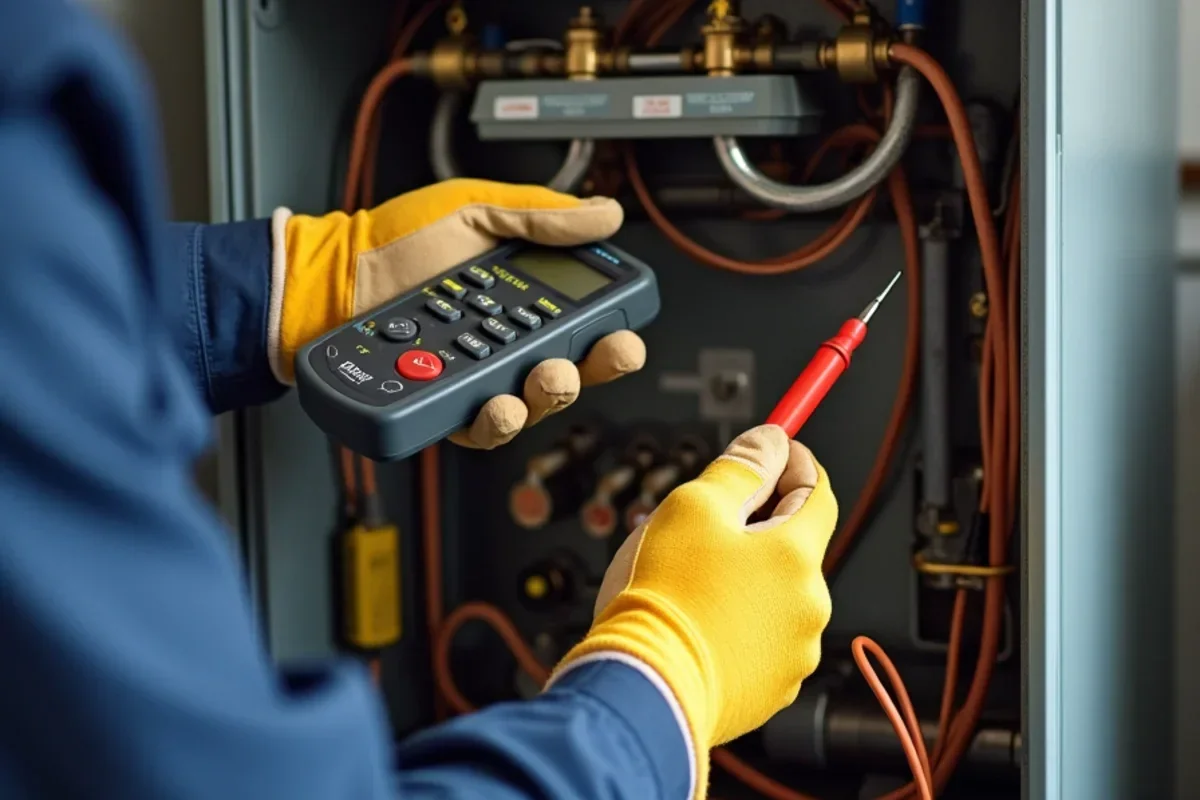 Testing furnace flame sensor microamps with digital multimeter during safety inspection in Shakopee