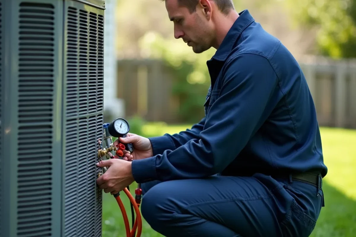 HVAC technician connecting digital manifold gauges to outdoor AC condenser in sunny Twin Cities yard