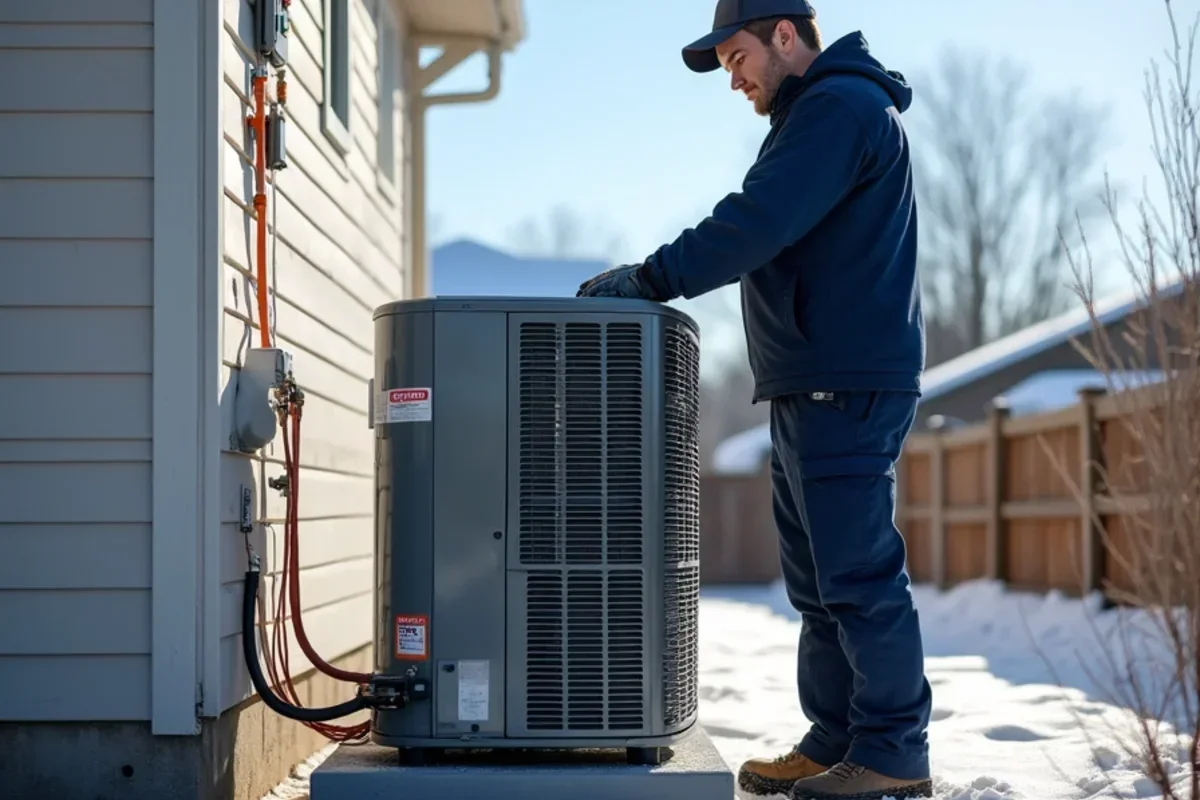 Cold-climate heat pump outdoor unit mounted on heavy-duty snow riser stands beside suburban home