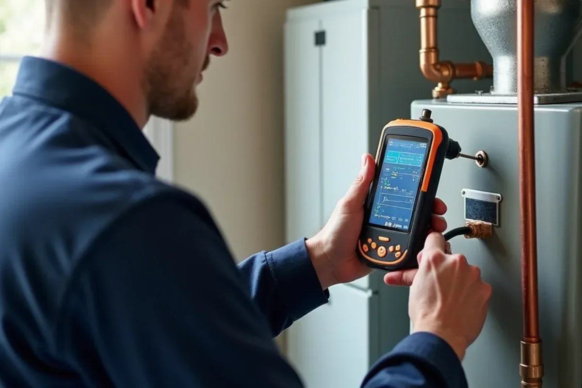 Technician inserting electronic combustion analyzer probe into furnace flue pipe to measure efficiency