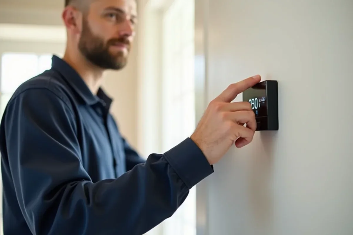 Homeowner adjusting temperature settings on newly installed digital Wi-Fi smart thermostat