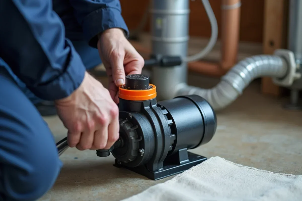 Automatic condensate removal pump with clear vinyl discharge tubing routed to drain