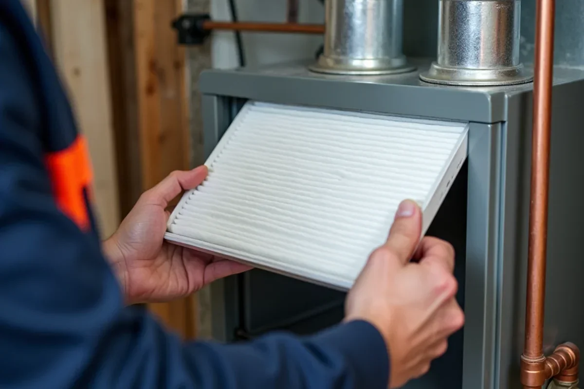 Sliding thick four-inch deep pleated MERV 13 air filter into custom sheet metal rack