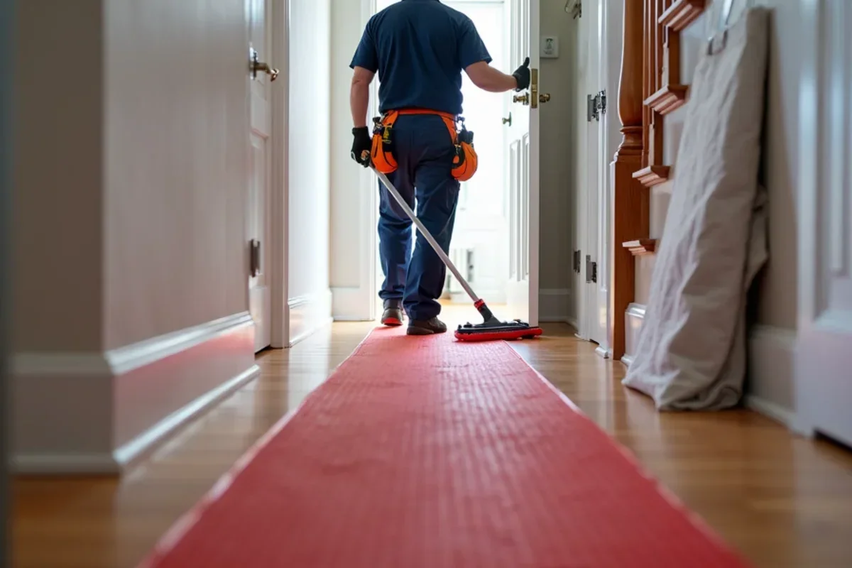 Protective floor runner mats laid down along hardwood hallway leading to mechanical utility room