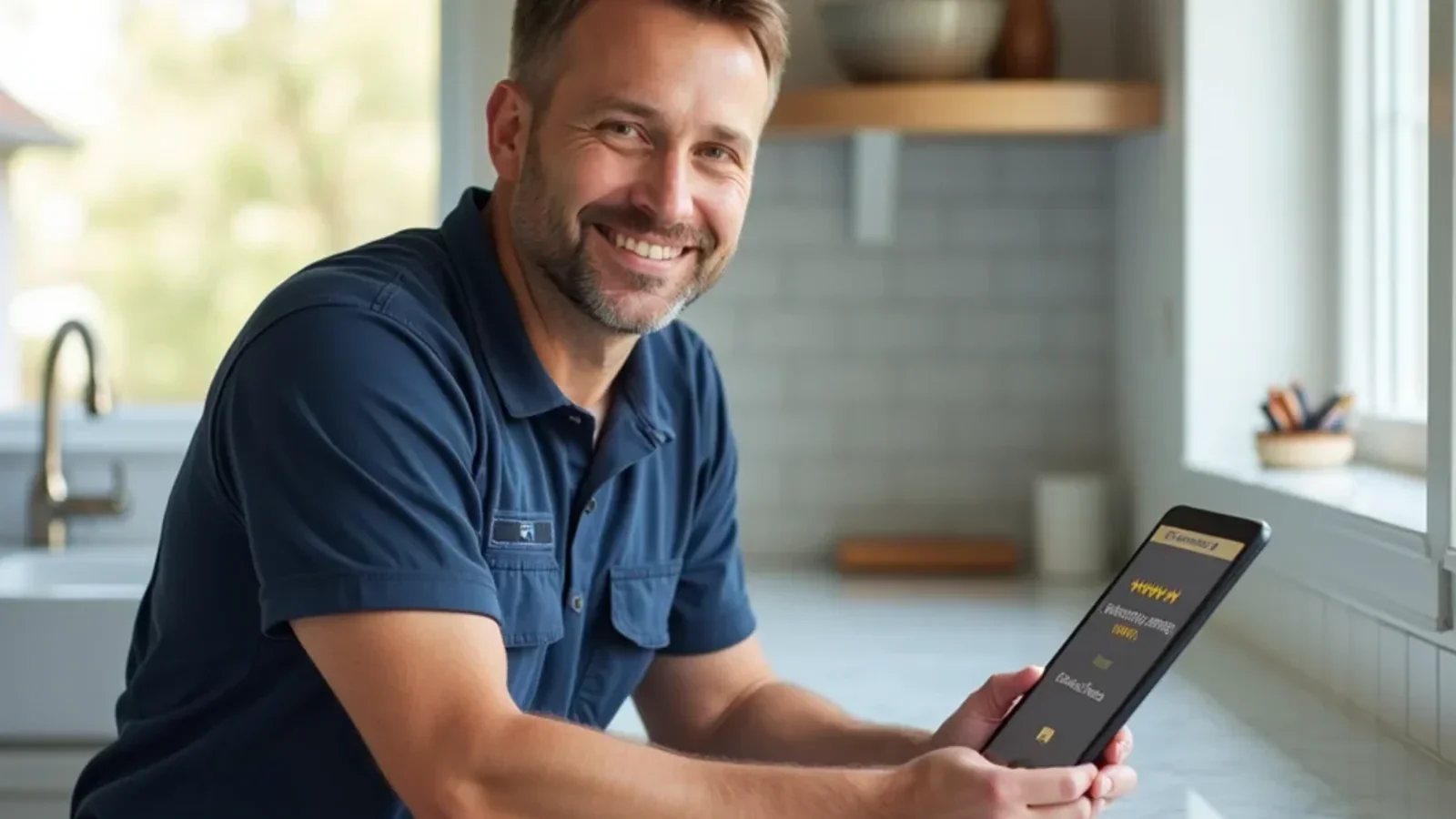 Homeowner reviewing verified five-star mechanical service feedback on tablet in clean modern kitchen