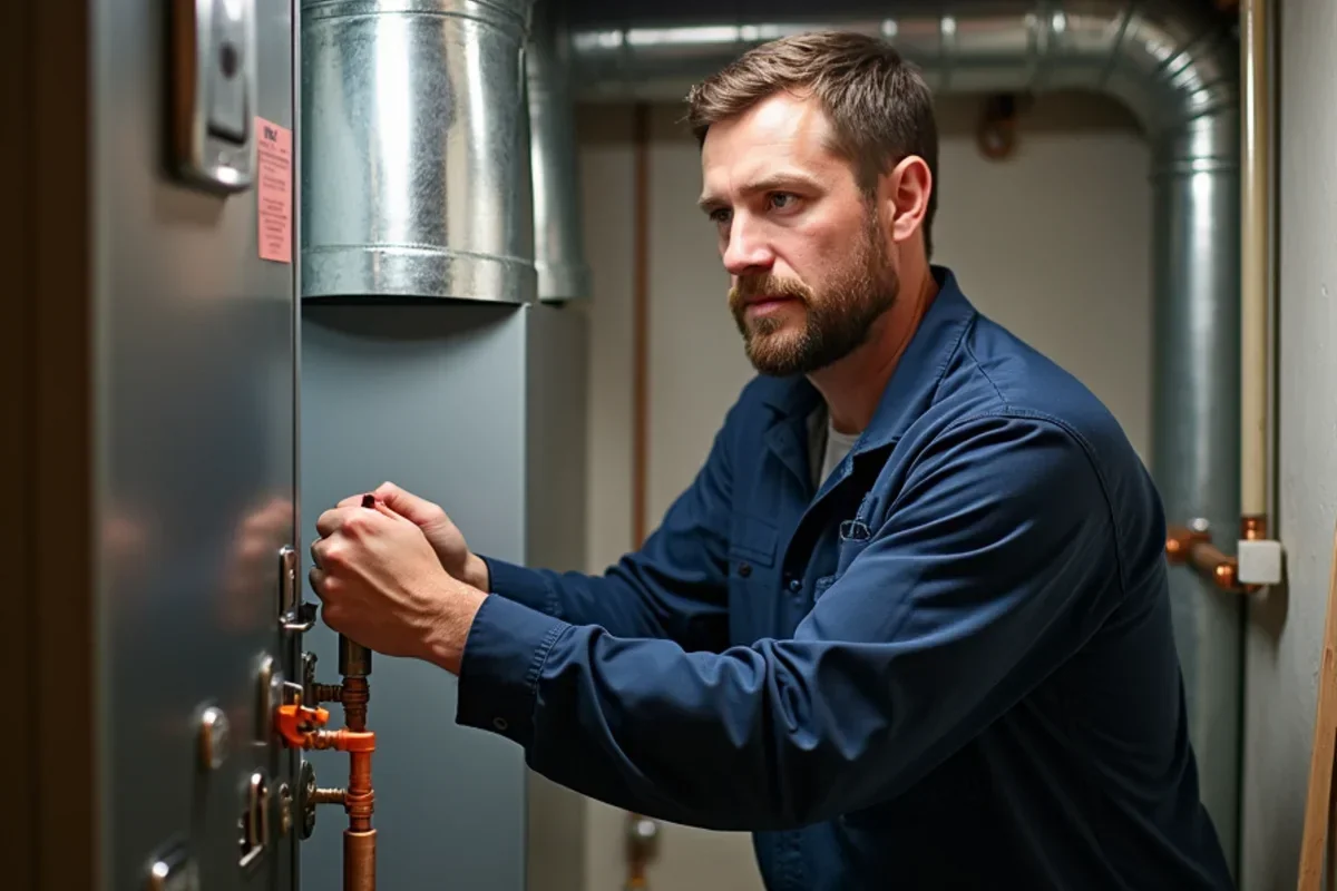 Inspecting compact basement furnace installation in classic Bloomington rambler home