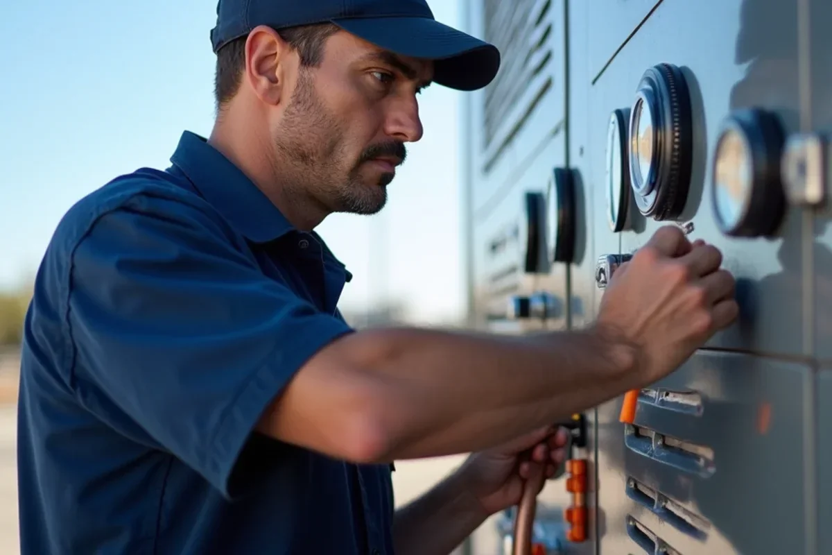 Commercial refrigeration technician servicing walk-in cooler condensing unit in Bloomington
