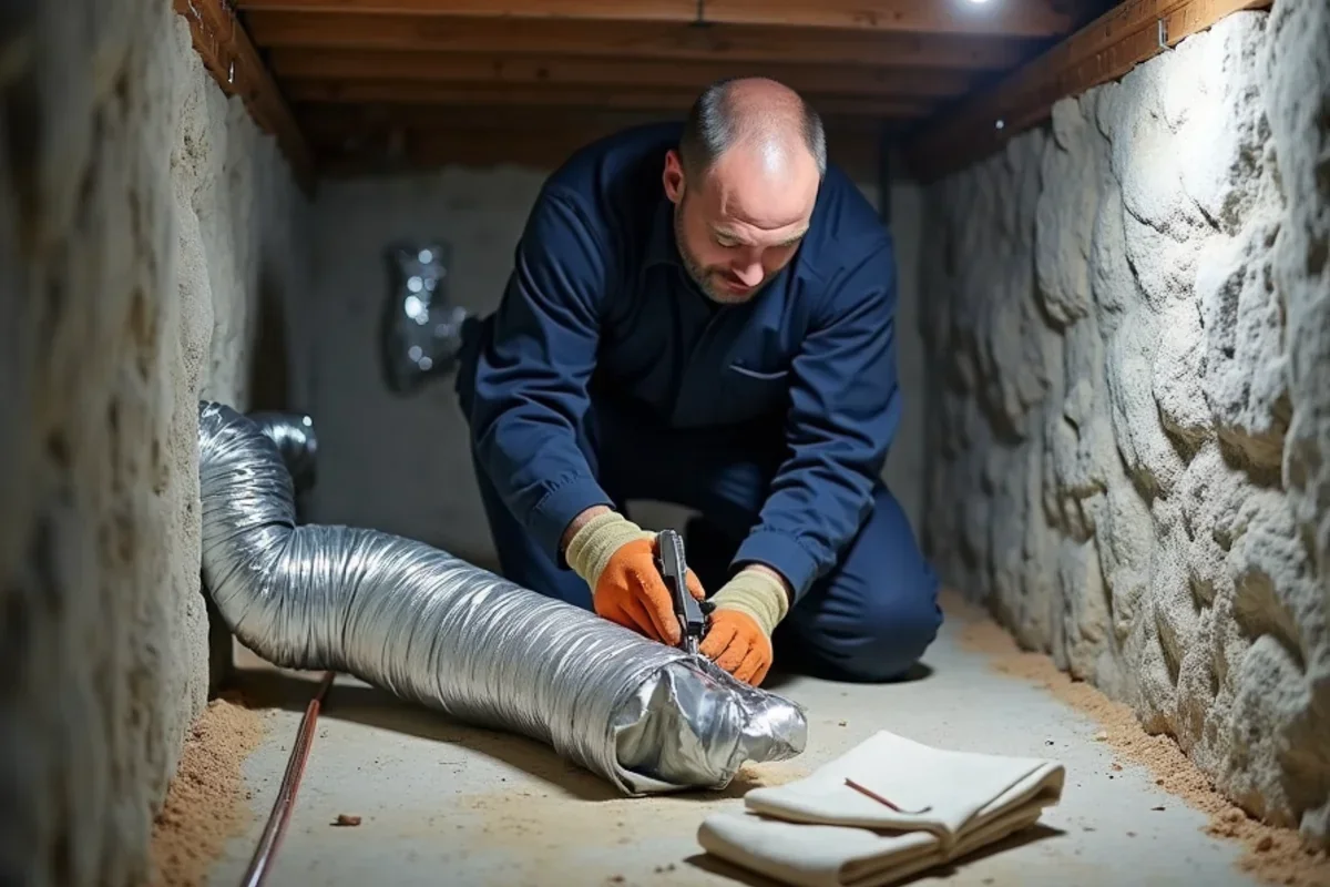 Installing R-8 insulated ductwork in vintage stone foundation crawlspace in Carver