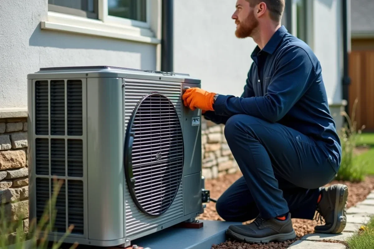 High-SEER dual-fuel heat pump outdoor unit on custom estate grounds in Credit River