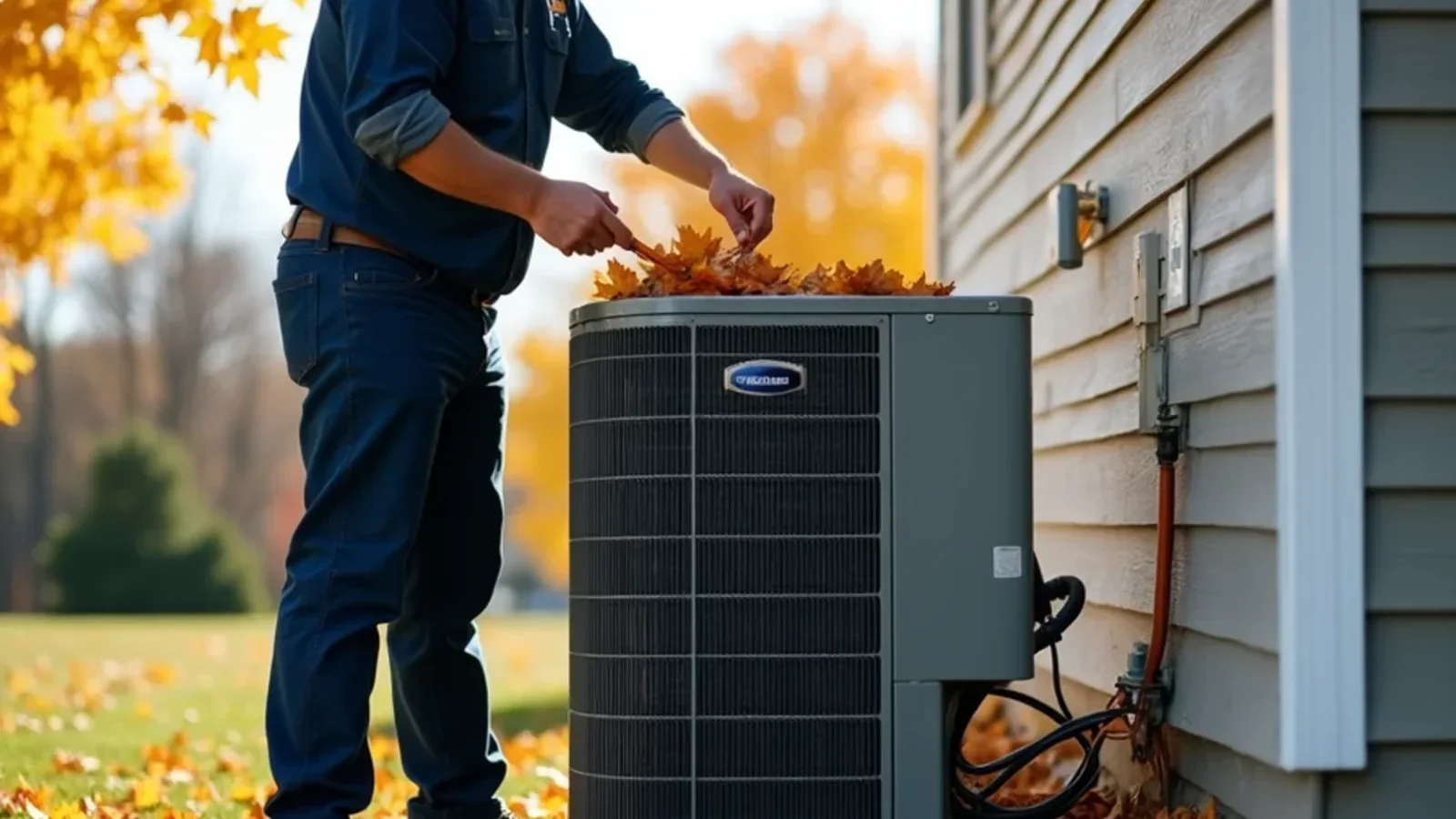 Autumn foliage around residential central air conditioner during seasonal shut-down in Eagan MN