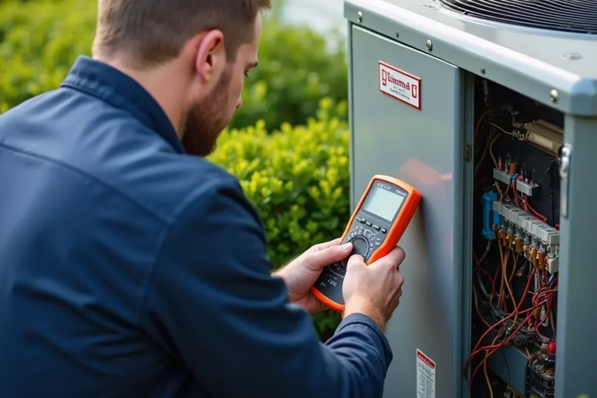 Testing multi-zone variable-speed heat pump outdoor unit in landscaped Eden Prairie yard