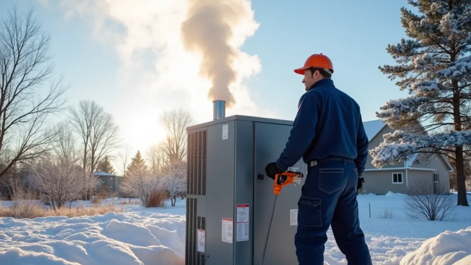 Sub-zero winter morning cold snap with furnace exhaust plume rising from rural Jordan Minnesota home